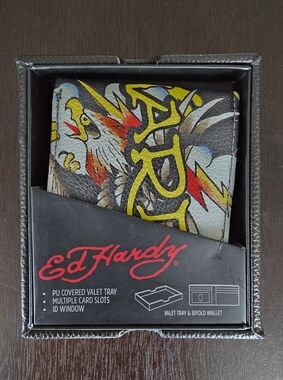 Ed Hardy Bifold Wallet with Eagle Graphic - Black, Yellow, Red